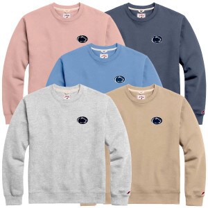 denim blue, pink, light blue, beige belle, and Oxford crew neck sweatshirts with Penn State Athletic Logo on left chest